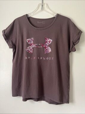 Under Armour Plum Short Sleeve Tee with Pink Floral Logo